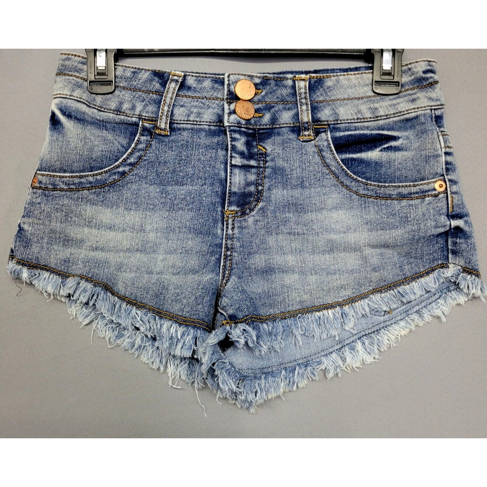 NOBO No Boundaries Jean Shorts Womens Juniors 7 Blue Stone Wash Frayed Pockets‎